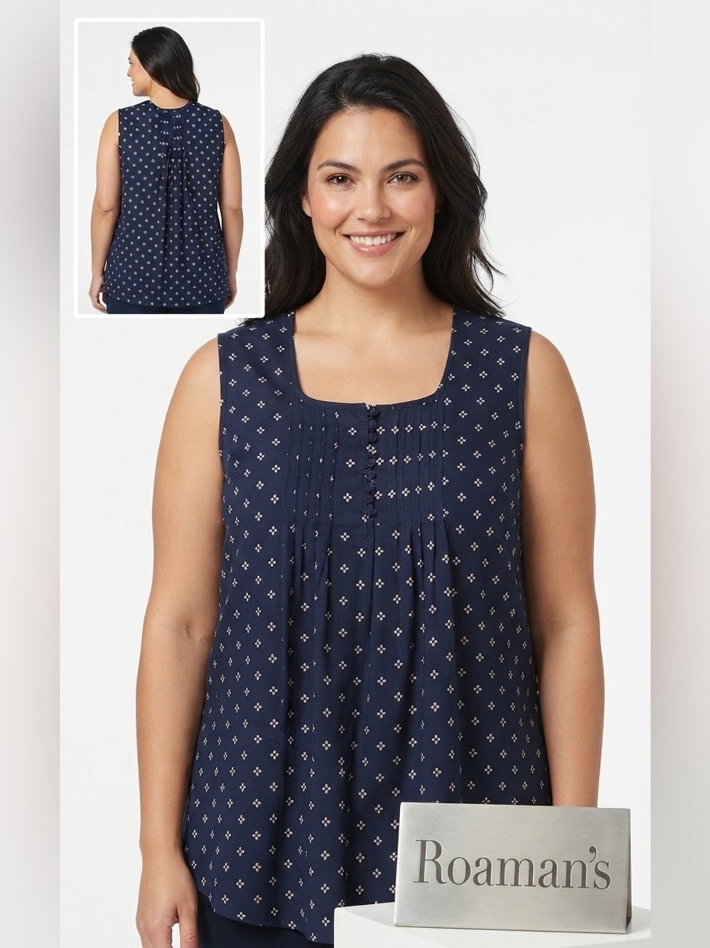 Roaman’s Dark Blue Pleated Flared Tank Top 12W